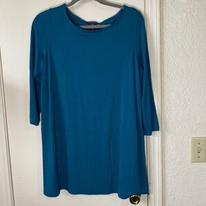 Eileen Fisher Tunic Top Teal Blue 3/4 Sleeve Knit Stretch Women's‎ Size L